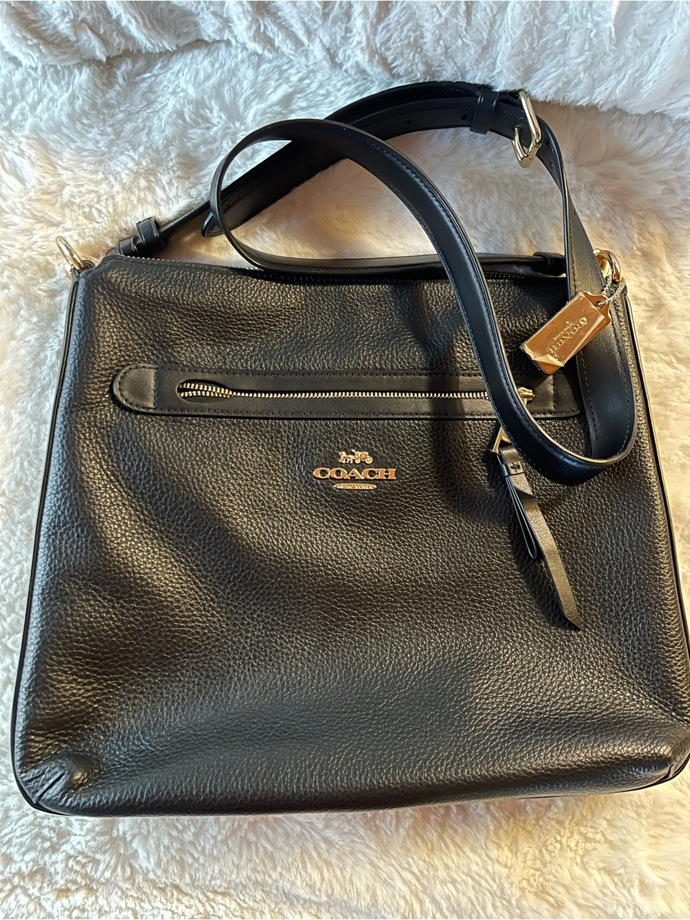 Coach Black Pebbled Leather Messenger Bag with Gold Hardware